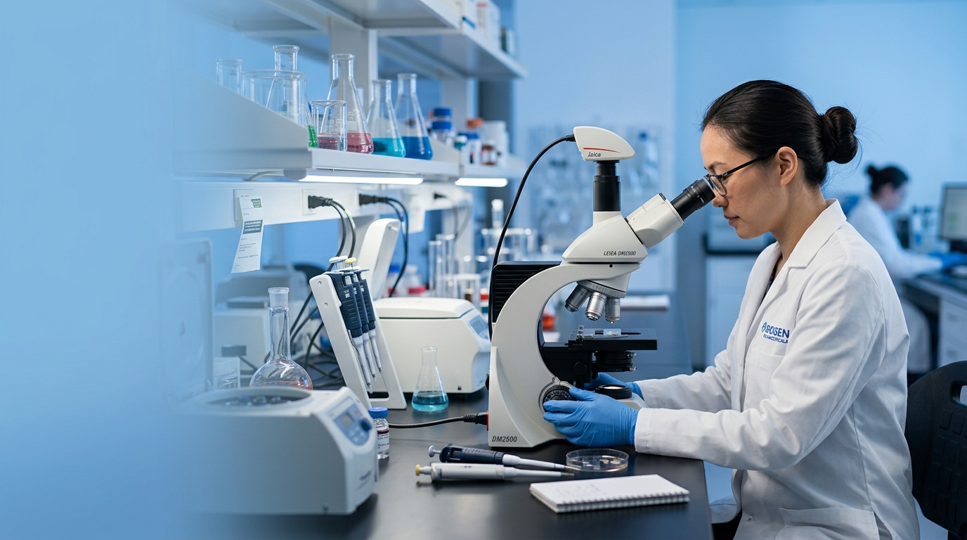 DD Corp. Laboratory Scientist using modern optical microscope